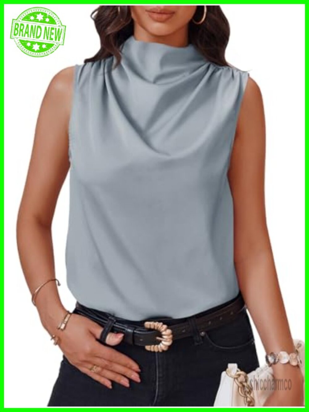 Satin Mock Neck Tank Top Sleeveless Ruched Business Casual Blouse